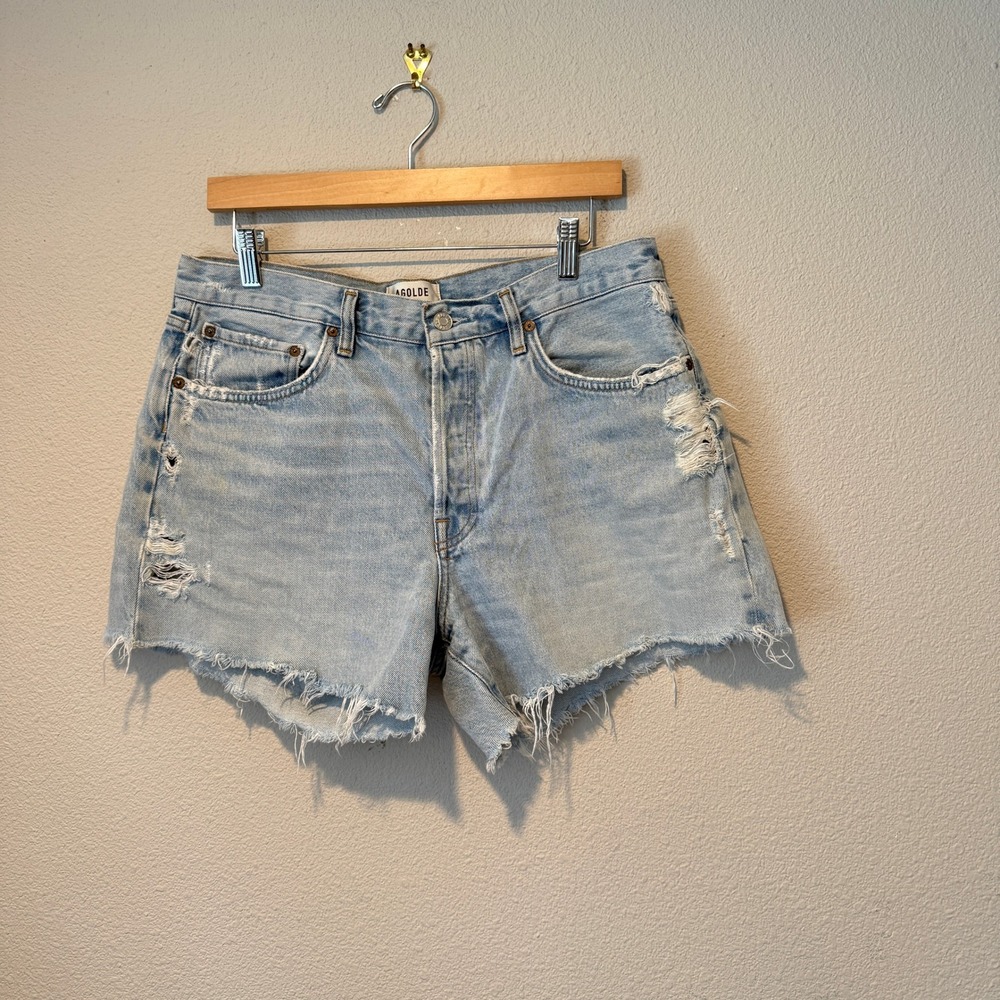 Agolde Parker Distressed Light Wash Denim High Rise Shorts Size 30 Button Fly